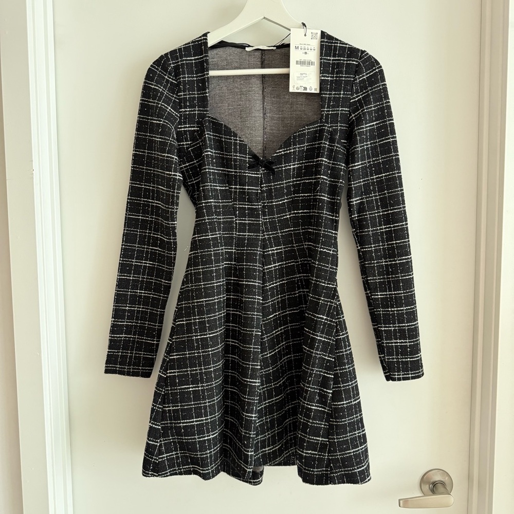 ZARA Black Tweed Plaid Fit & Flare Mini Dress Bow Detail NWT